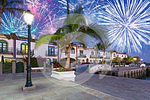 New years fireworks display over the Puerto de Mogan town, Gran Canaria. Spain