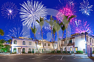 New years fireworks display over the Puerto de Mogan town, Gran Canaria. Spain photo