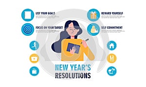 New years resolution and goals infographic. Young woman with pen writes goals and resolutions for new year