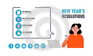 New years resolution and goals infographic. Young woman with pen writes goals and resolutions for new year