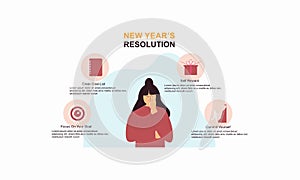 New years resolution and goals infographic. Young woman with pen writes goals and resolutions for new year