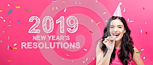 2019 New Years Resolutions with young woman with party theme