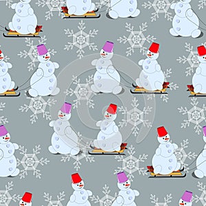 New Years, seamless pattern, snowmen on the sledge.