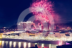 New Yearâ€™s Eve: Magical firework over the old city of Salzburg