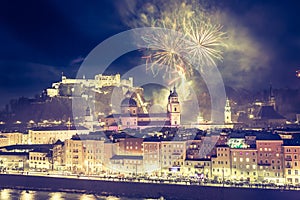 New Yearâ€™s Eve: Magical firework over the old city of Salzburg