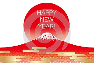 New Yearâ€™s Greeting Card Template With Red Mt. Fuji And The Rising Sun.