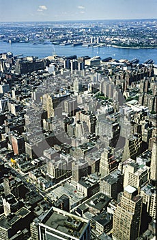 New york aerial view with twin towers in 70`s