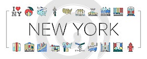 New York American City Landmarks Icons Set Vector