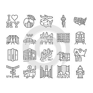 New York American City Landmarks Icons Set Vector photo