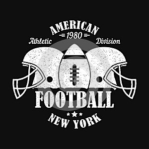 New York, american football print for sports apparel with helmet and ball. Typography emblem for t-shirt. Vector illustration.