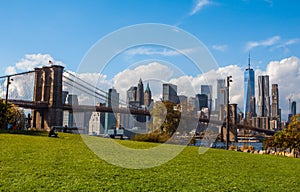 New York autumn skyline from Brookline side with view on the Brooklyn bridge. On forward the picnic place with green