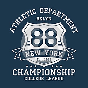 New York, BKLYN vintage number graphic for t-shirt. Original clothes design with ribbon and shield. Apparel typography. Vector.