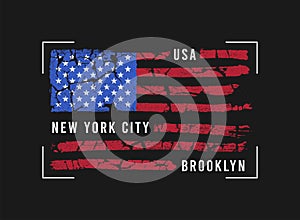 New York, Brooklyn apparel print with USA flag. T-shirt design with grunge american flag.