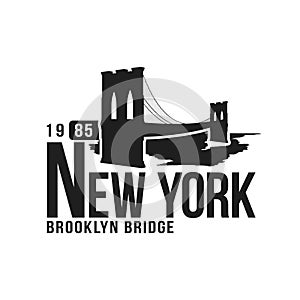 New York, Brooklyn Bridge typography for t-shirt print. Stylized Brooklyn Bridge silhouette. Tee shirt graphic