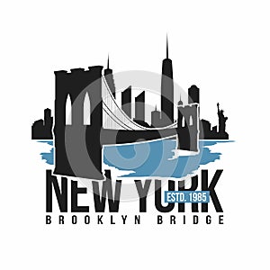 New York, Brooklyn Bridge typography for t-shirt print. Stylized Brooklyn Bridge silhouette. Tee shirt graphic photo