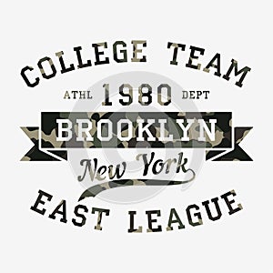 New York, Brooklyn - camouflage typography for design clothes, athletic t-shirt. Graphics for print product, apparel. Vector.