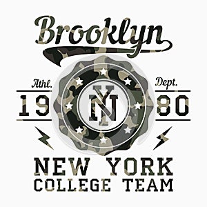 New York, Brooklyn - camouflage typography for design clothes, athletic t-shirt. Graphics for print product, apparel. Vector.