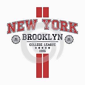 New York, Brooklyn college t-shirt design with vertical stripes. Slogan typography graphics for t-shirt. Vector