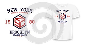 New York, Brooklyn college typography graphics for t-shirt. College print for apparel. Tee shirt design with shield on t-shirt