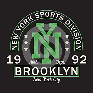New York, Brooklyn - print logo. Graphic design for t-shirt, sport apparel. Typography for clothes. Sports division. Vector.