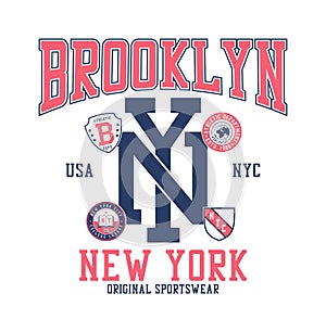 New York, Brooklyn t-shirt design with college patches. NY tee shirt print with patch.