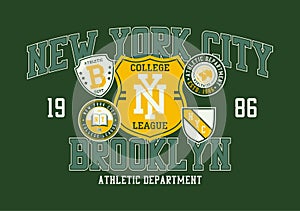 New York, Brooklyn t-shirt design with college patches and shield.