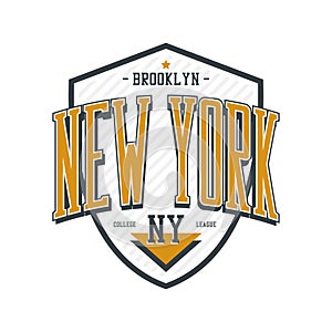 New York, Brooklyn t-shirt design with shield. College league tee shirt print. Sportswear and apparel design. Vector