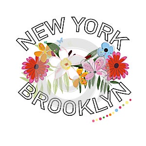 ``New York, Brooklyn`` text with egzotic summer flowers