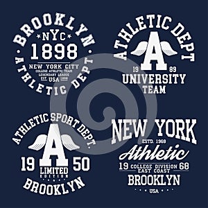 New York, Brooklyn typography, badges set for t-shirt print. Varsity style t-shirt graphics