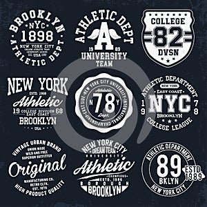 New York, Brooklyn typography, badges set for t-shirt print. Varsity style t-shirt graphics