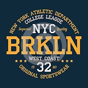 New York, Brooklyn - typography for design clothes, athletic t-shirt. Graphics for print product, apparel. Vector.