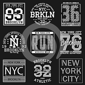 New York, Brooklyn typography. Set of athletic print for t-shirt design. Graphics for sport apparel. Vector.