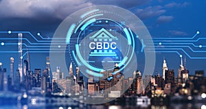 New York with CBDC glowing hologram with bank icon and circuit board