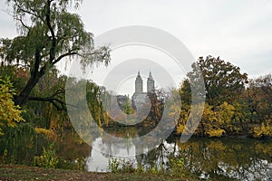 New York Central Park Lake Autumn with Skyline