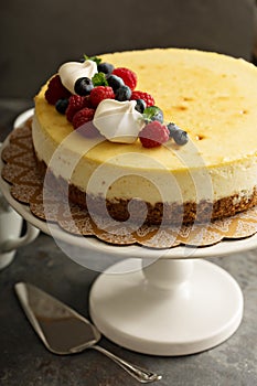 New York cheesecake on a cake stand