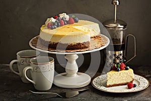 New York cheesecake on a cake stand