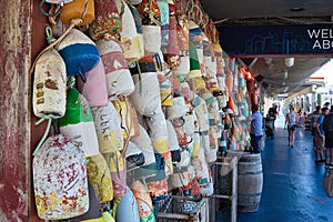 NEW YORK - CIRCA SEPTEMBER, 2017: vintage boat fenders guide you the way to North River Lobster Company at Pier 81