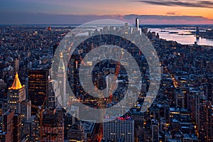 New York City aerial view of the skyscrapers of Manhattan at twilight. Midtown and Lower Manhattan, New York City, NY, USA