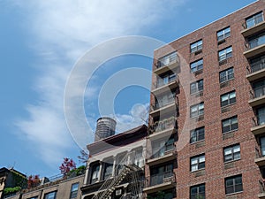 New York City apartment building fire escape and terraces