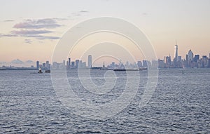 New York City,August 3rd:Manhattan panorama from Hudson river at sunset in New York City