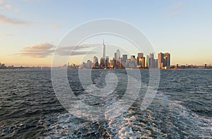 New York City,August 3rd:Manhattan Panorama from Hudson river at sunset in New York City