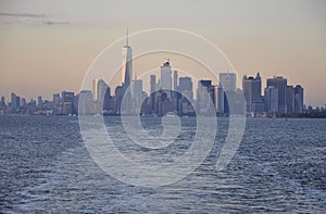 New York City,August 3rd:Manhattan Panorama from Hudson river at sunset in New York City