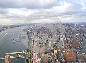 New York City. Beautiful aerial view of Manhattan. Sun over buildings.