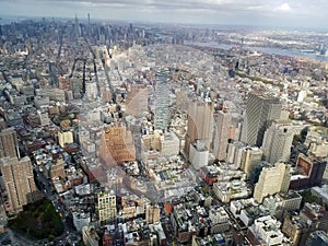 New York City. Beautiful aerial view of Manhattan. Sun over buildings.