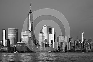 New York City black and white panorama at dusk, USA