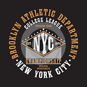 New York City, Brooklyn typography for t-shirt. Original sportswear print. Athletic apparel typography. NYC graphic. Vector