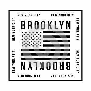 New York City, Brooklyn typography for t-shirt print. American flag in black color. T-shirt graphics