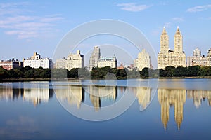 New York City buildings reflecting in the water