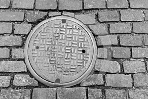 New York City Cobblestone Street and Manhole Cover