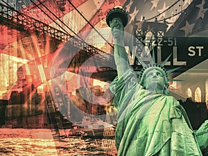 New York City collage including the Statue of Liberty and severa